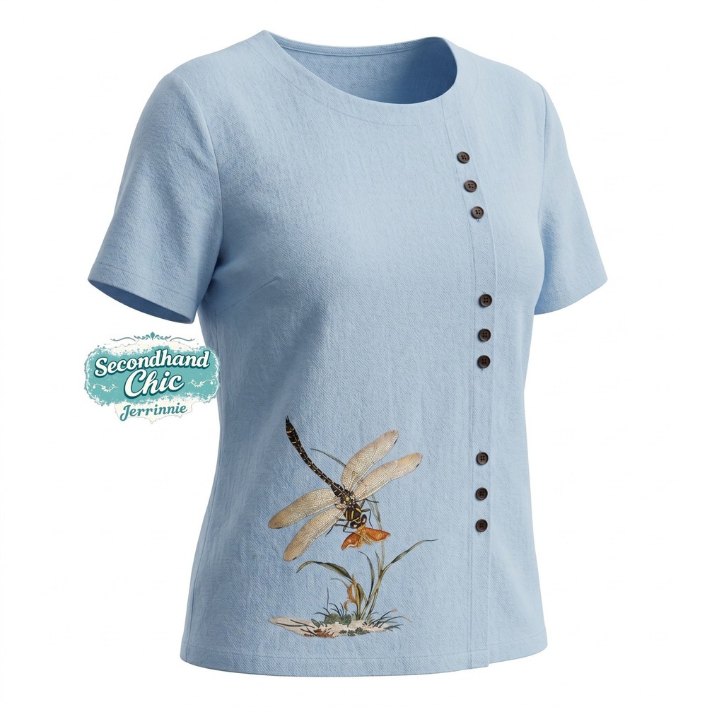Light Blue Dragonfly Graphic Side Button Short Sleeve Blouse Top 2XL